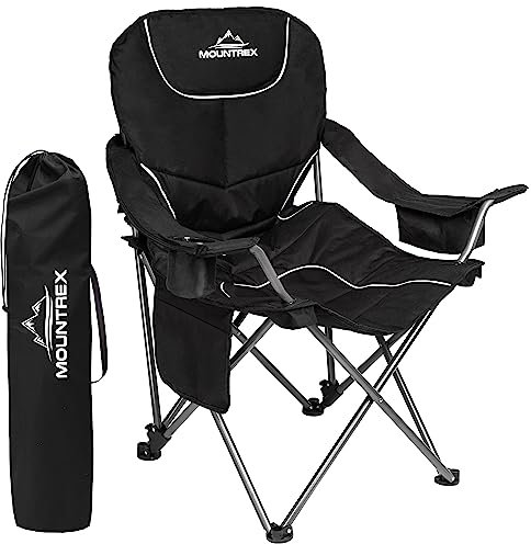 MOUNTREX Campingstuhl - Klappstuhl bis 150kg - Angelstuhl, Strandstuhl - verstellbare Rücken- & Armlehne, faltbar, gepolstert, klappbar - Camping Stuhl Inkl. Kühltasche, Getränkehalter (Schwarz)