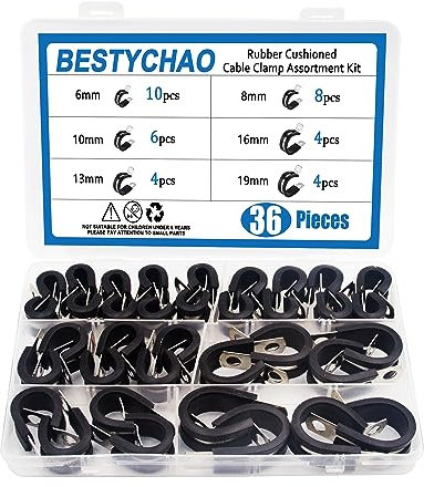 BESTYCHAO Kit assortito di 36 morsetti per tubi, in acciaio inox, in 6 misure, 6 mm, 8 mm, 10 mm, 13 mm, 16 mm, 19 mm, clip a P foderate in gomma per tubi, tubi, cavi