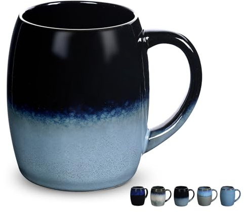 Taza de café grande, taza de 500 ml, tazas de cappuccino de gres, taza de café de porcelana, taza de esmalte azul lisa para oficina y hogar, apta para microondas,Azul Oscuro