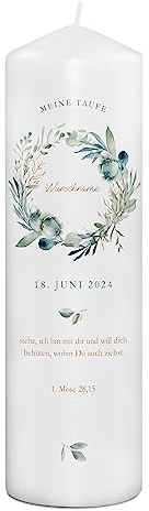 PhotoFancy® - Personalisierte Taufkerze mit eigenem Foto und Namen bedrucken lassen - Tauf-Kerze selbst gestalten - 29 cm Höhe - Design 'Olivenkranz'
