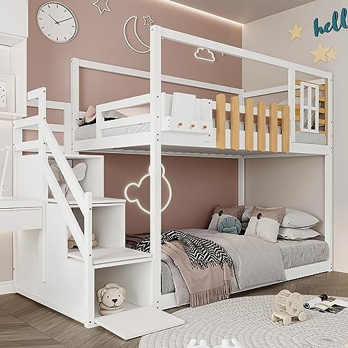 Etagenbett mit Treppe & Regalkasten,Hochbett Kinderbett für 2 Kinder mit Fenster und Regalkasten und 2 Lattenrost,Massivholz Jugendbett,Doppelbett 90x200cm