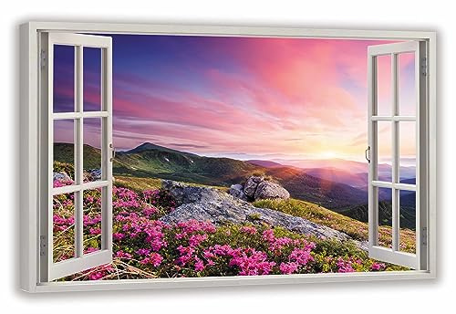 HUBDECO Leinwandbild Fensterblick Bergkrokusse bei Sonnenuntergang Bild 100x70 cm - Landschaftsbilder auf Leinwand - Wandbilder Wohnzimmer - Bild Fenster mit Ausblick - Aesthetic Room Decor
