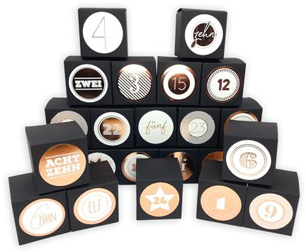 Frau WUNDERVoll® DIY Adventskalender Vorfreude zum Befüllen, 24 Faltschachteln matt schwarz 7x7x7cm, XL Ziffern rosegold metallic/foliert - Weihnachten Würfelbox Faltverpackung Schachtel Kasten
