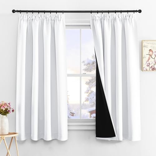 PONY DANCE Doppellagige Gardinen Weiss Blickdicht 2er Set H 160 x B 140 cm 100% Verdunklungsvorhänge mit Kräuselband für Schiene Schlafzimmer Vorhänge Lichtundurchlässig Gardine