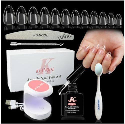 Nageltips and Glue Gel Kit, 552 Stück Full Cover Nail Tips Almond, Gel X Acryl Nagelset, 5 In 1 Nagelkleber Nail Kit mit Mini UV Lampe für Nägel, Soft Tips für Gelnägel