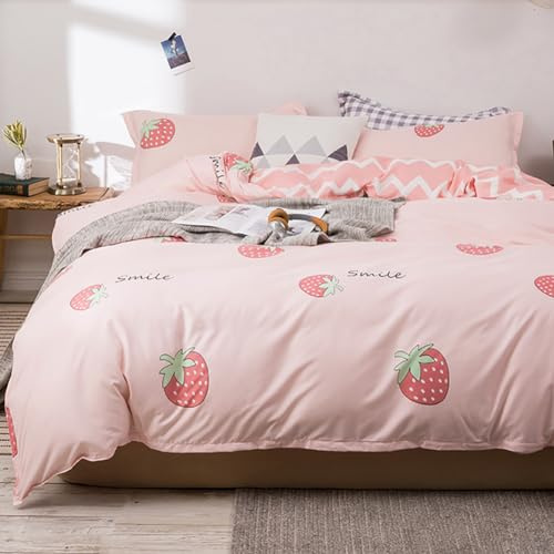 Nayoroom Bettwäsche 135x200 Rosa Erdbeeren Bettbezug Set Kissenbezug 80x80 | ÖKO-TEX, Pink Weiß Gestreift, Wendebettwäsche, Kawaii Style, für Kinder Mädchen, Microfaser, Reißverschluss