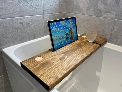 Urban Reclamation Wyedale Bath Board | Rustic Timber Bath Tray | Handmade Solid Wood Bath Tub Wine Glass Tablet Phone Candle Holder (Jacobean, 70 cm)