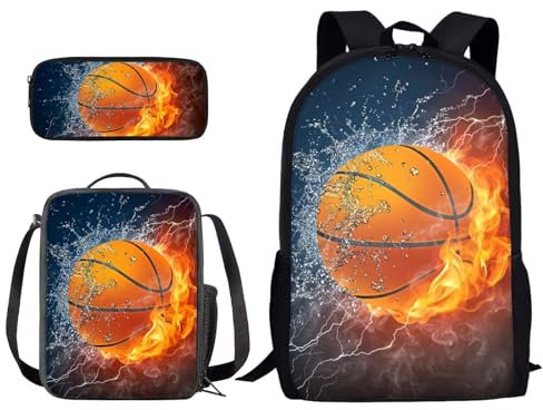 Poceacles Rucksack für Kinder, Mädchen, Jungen, Schulranzen-Set mit Lunchbox, Federmäppchen, Grundschule, Büchertasche, Wanderrucksack, Basketball, Wasserfeuer, Einheitsgröße