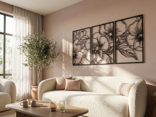 VAILLA Blumen Wanddeko Holz 3D – Wandbild 4er Set Wohnzimmer Schlafzimmer | MDF Sperrholz, Lasergeschnitten, Botanik Blüten, 5 Größen, Schwarz Grau Gold, personalisierbar, Esszimmer Küche Eingang Flur