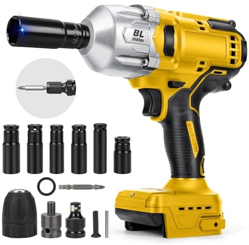 1000 Nm Cordless Impact Wrench for Dewalt 18V 20V Max Battery, No Battery | 1/2 Inch Square Drive, Brushless Motor, 2400 RPM, 3300 IPM, with 6 Sockets, for Car Truck, Heavy-Duty Project