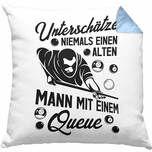Trendation Billard Kissen mit Füllung 40x40 Geschenk Alter Mann Snooker Pool Billard Spruch (Blau)