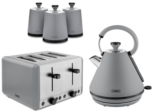 Tower Sera 1.7L 3KW Pyramid Kettle, 4 Slice Toaster & Tea, Coffee, Sugar Canisters in Grey with Smoked Black Trim. Contemporary Matching Tower Grey Kitchen Bundle Set