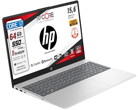 HP 250 G10, notebook pc portatile, Intel Core i7 1355u,13Th, 10Core, Ram 64Gb, SSD 1Tb, 15.6 ips FHD, wi-fi 6, webcam HD, tastiera retroilluminata, fingerprint, Win 11Pro, Garanzia Italia