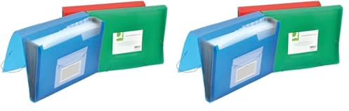 Q-Connect Fächermappe Organizer mit Gummiband / 6 Fächer/Trennstreifen/Taschen/PP/Dokumentenmappe A4 / Mischung von Farben/hat Fächer mit Indexfenstern und Indexen (Packung mit 2)