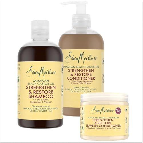 SheaMoisture Jamaican Black Castor Oil Haarpflege-Bundle Shampoo 1x 384ml, Spülung 1x 384ml, Leave-In Conditioner 1x 431ml für natürliches, chemisch behandeltes oder hitzegestyltes Haar - 3 Stück