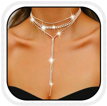 Reaky Strass-Halsketten, silberfarbene mehrreihige Halskette, Kristall-Halskette, Ketten, Hochzeits-Accessoires für Damen
