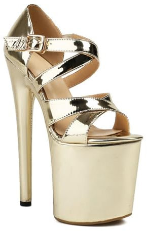 GBBRZKTB Talons Hauts Sandales Plateforme Femmes Bout Ouvert Talons Aiguilles Brides Croisées Chaussures Pole Dance Discothèques 20cm,Gold-43