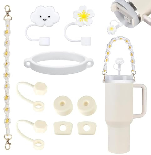 10 Pcs Stanley Cup Accessories Set,Silicone Straw Cover Cap for 9-10 mm Straw,Spill Proof Stopper for Stanley Cup 40oz&30oz,Bohemian Woven Handle Strap with Rubber Cup Ring