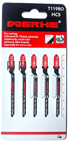 WERHE Stichsägeblätter T119BO, HCS, T-Schaft, 76 mm, für Weichholz, 5er Set | Zahnteilung 2 mm, Arbeitslänge 50 mm, für Sperrholz und Spanplatten, kompatibel mit Bosch, Makita, Dewalt, für Modellbau