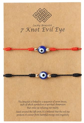 JCSJK Evil Eye Bracelets, Adjustable Lucky Protection String with Card, Handmade 7 Knot Evil Eye for Bracelet Anklet, Good Luck Charm for Women Men Couple Friendship Gifts