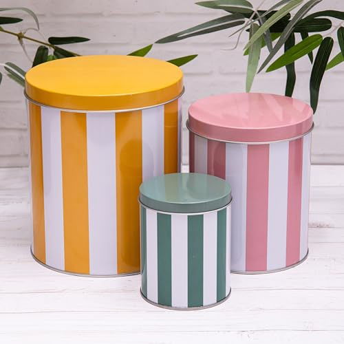 Annibells Set of 3 Green Pink & Yellow Stripe Round Metal Storage Tins Canisters