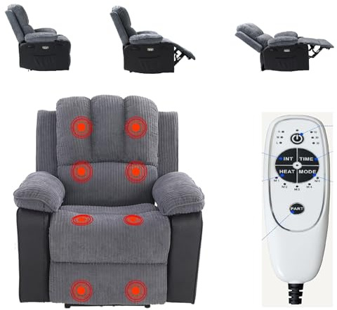 FAMOYI Poltrona relax massaggiante elettrica reclinabile in velluto riscaldato, poggiapiedi estensibile, 8 programmi di massaggio, poltrone divano reclinabili elettriche, grigio senza ripiano a tazza)