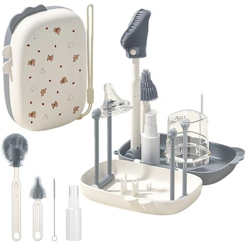 Goupillon Biberon Silicone｜Kit Nettoyage Voyage avec Brosse Tétine + Écouvillon + Boîte de Rangement｜Egouttoir Biberon Intégré｜Prêt pour Sortie Bébé​