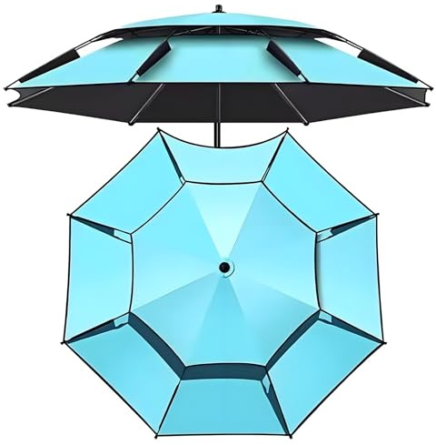 200/220/240 cm Ombrellone da Pesca Rotondo, Ombrellone da Spiaggia con Regolazione a Molla a 360°, Parasole da Esterno a 2 Livelli con 16 Stecche, UPF50+(Bleu,240cm/7.9ft)