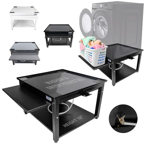 Washer and Dryer Pedestals - Ergonomic 61cm - 45.7cm Stand with Drain Pan & Pull Out Shelf - Black Steel Alloy Holds 360 kg - Reduces Back Pains - Easy Setup - Laundry Pedestal for Washer Dryer