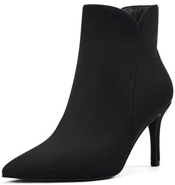 Zhabtuc botines de mujer con tacón de 8 cm, punta sexy, zapatos de noche y fiesta elegantes con cremallera lateral, ante negro, 38.5 EU
