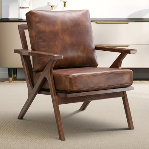 EBELLO Modern Armchair, Accent Chair with Solid Wood Frame, Retro Lounge Chairs with Soft Cushion and Wide Backrest, Tub Chair for LivingRoom, Bedroom, Balcony, Brown