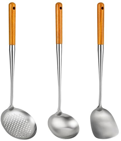 Eulihent 3PCS 44cm Wok Spatula Set, Stainless Steel Wok Utensils with Heat Resistant Wood Handle and Soup Ladle Set, Metal Spatula, Slotted Spoon, Professional Kitchen Cooking Tools