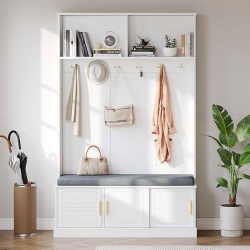 HAUSPROFI Flurgarderoben Set Garderobe Set, Flur Garderoben Komplettprogramme mit Schuhschrank Sitzbank, Wandgarderobe mit Kleiderhaken, Schlafzimmer Garderobenset (Weiß + Grau, 191x120x40cm)
