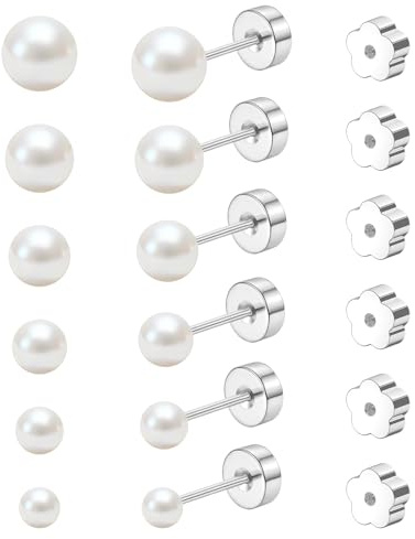6 Pairs 20G Pearl Studs Earrings for Women Men,Hypoallergenic Silver Stainless Steel Stack Cartilage Earrings for Multiple Piercing Sensitive Ears Bonus Plum Blossom FlatBack Studs 3-8mm