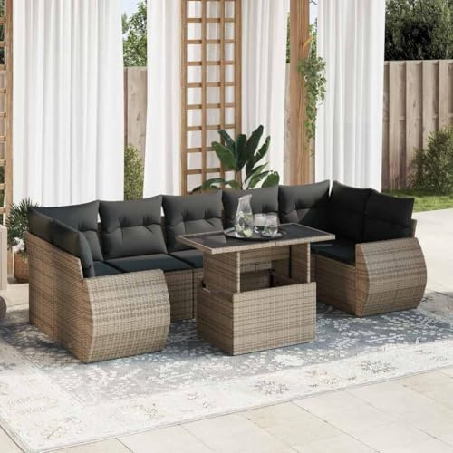 QJBSAVVA 8-TLG Gartenlounge Set Grau Poly Rattan 100x55 cm klappbare Tischplatte mit Stauraum UV-beständig 110 kg Belastbarkeit für Balkon Terrasse Garten