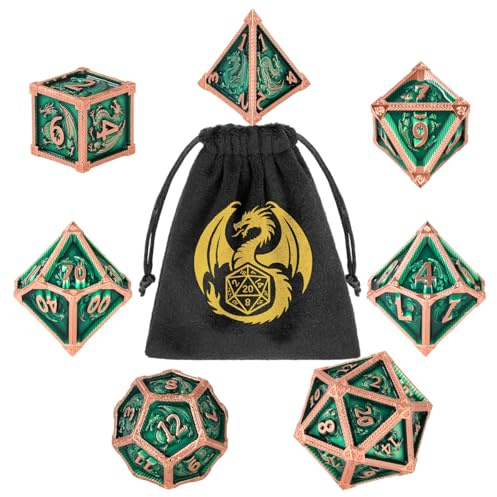 Set di Dadi in Metallo DND, Modello del Drago, 7 pezzi di Dadi Poliedrici, MTG, Accessori per Giochi di Ruolo, Regali D&D con Borsa Regalo, D20, D12, 2 D10 (00-90 e 0-9), D8, D6 e D4, Rame + Verde