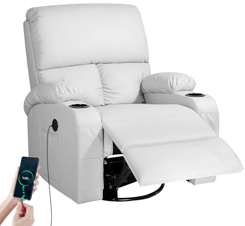 Schaukelstuhl mit Relaxfunktion, Massagesessel mit Vibration und Wärme, USB- und Type-C-Anschlüsse, 360° Drehbare Kunstleder Stühle für Wohnzimmer, Schlafzimmer, Kinderzimmer, Wohnmobil, Hellgrau
