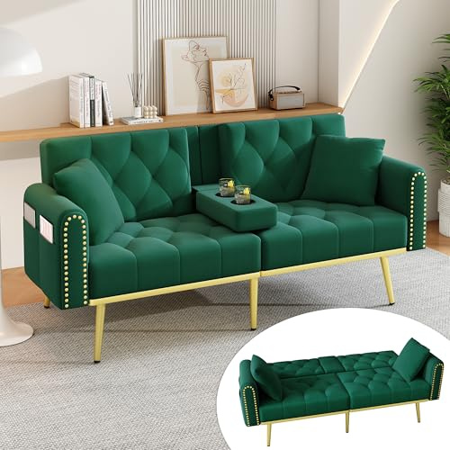 Oslghy Sofá Cama 2 plazas Comodo, Sofá Cama Plegable 2 plazas con Respaldo Ajustable y Portavasos, Sofá Convertible Doble con Bolsillo Lateral para Salón, Dormitorio, Velvet, 175x 80x73,5cm (Green)