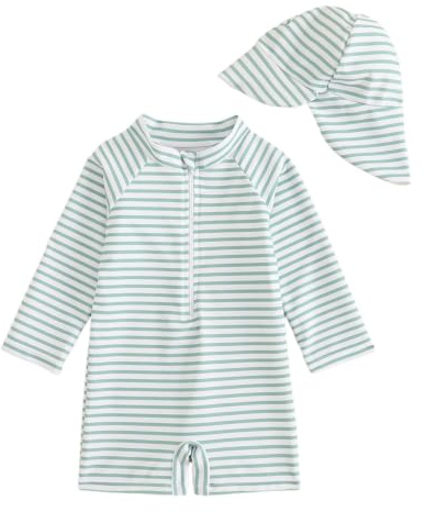 Baby Swimsuit Boy Girl Rash Vest Set 0M-3T, Long Sleeve UPF 50+ Infant Swimming Costume with Hat, Zipper Toddler One Piece Rash Guard Swimwear, Green Stripe 1-2 Years