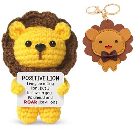 zhongko 2Pcs Positive Crochet Lion with Leather Keychain, Handmade Emotional Support Gift, Novelty Doll for Office or Home Decor, Cheer up Gifts for Parents Friend Lover Coworker Teacher Nurse