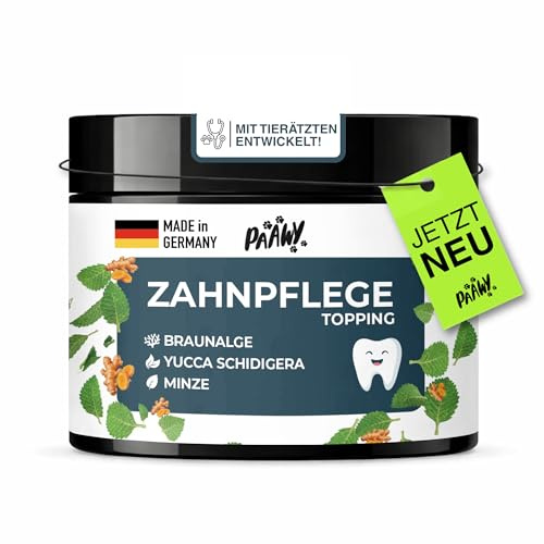 paawy Dental pulver för hundar – 9-i-1 aktiv ingredienskomplex Made in Germany – tandstensborttagare & anti-munlukt fodertoppning – enkel tandvård för hunden – tandborstflingor för daglig rengöring