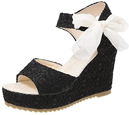Sandali Bassi Donna Zeppe Estive Eleganti Sandali Estivi a Punta Con Zeppa Alta Con Nastro Donna e Tacco a Spillo Tacco Molla da Chiusi Davanti Scarpe (Black 40)