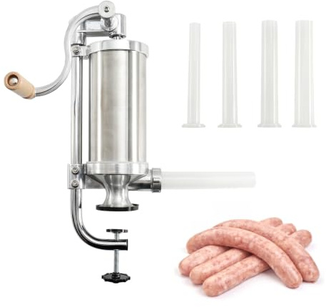 TINMAGI Insaccatrice manuale per salsicce 1,25 kg in acciaio inossidabile, con morsetto da tavolo e 4 tubi di ripieno, per preparazione domestica di salumi e salsicce