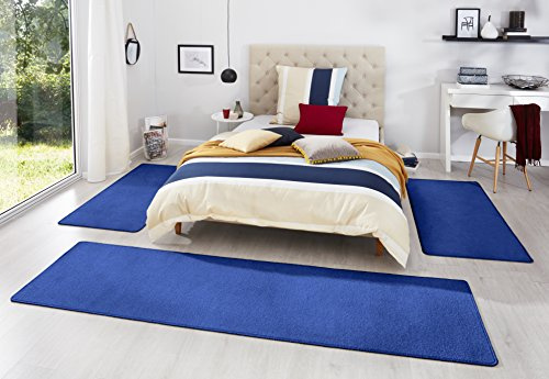 Hanse Home Teppich Bettumrandung Fancy 3-teilig – Bettvorleger Velours Teppichläufer Kurzflor Einfarbig Läufer-Set für Kinderzimmer Schlafzimmer, Blau 2X 67x140 cm 1x 67x250cm