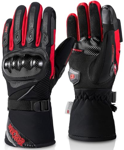 BORLENI Guantes Moto Invierno Hombre Impermeable de la Fibra de Carbono,Guantes de Motocicleta cálido con Pantalla Táctil Rojo L