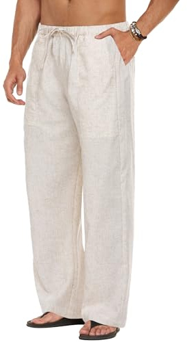 COOFANDY Men Linen Yoga Beach Cool Long Pants Stretchy Drawstring Waist Trousers,Straight