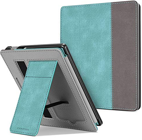 CASEBOT Hülle kompatibel für Kindle Oasis 10. Generation (2019 Modell) und 9. Generation (2017 Modell) - Kickstand Schutzhülle mit Kartenfach, Handschlaufe und Auto Wake/Sleep, Jeansoptik Türkis