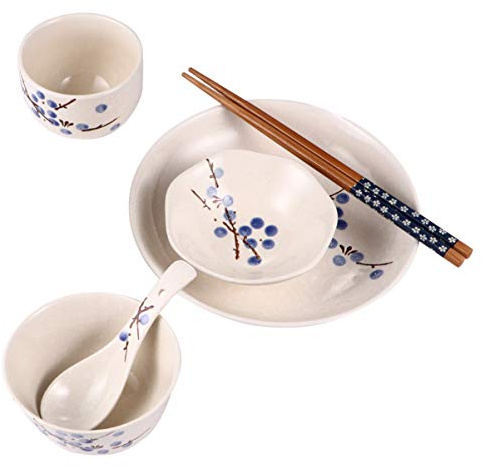 Hemoton Japanese Tableware Set 6-Piece Ceramic Dinnerware for Single Household Use Includes Bowl Plate Cup Dish Spoon Chopsticks 7.28 Inch Square Tableware with Floral Design