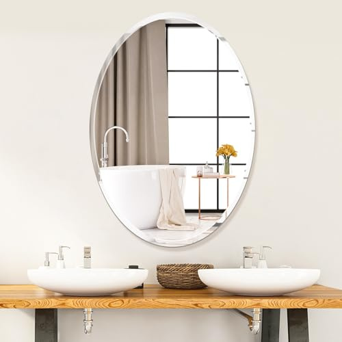 Oval Frameless Wall Mirror, 20 x 28 Inch, Beveled Edge Bathroom Mirror