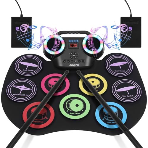 Anpro Schlagzeug Elektronisch, 9-Pad E Drum Set mit LED Farbdisplay | Tragbares Elektrisches Schlagzeug, Integriertes Audio mit Kopfhöreranschluss, Bestes Geburtstagsgeschenk